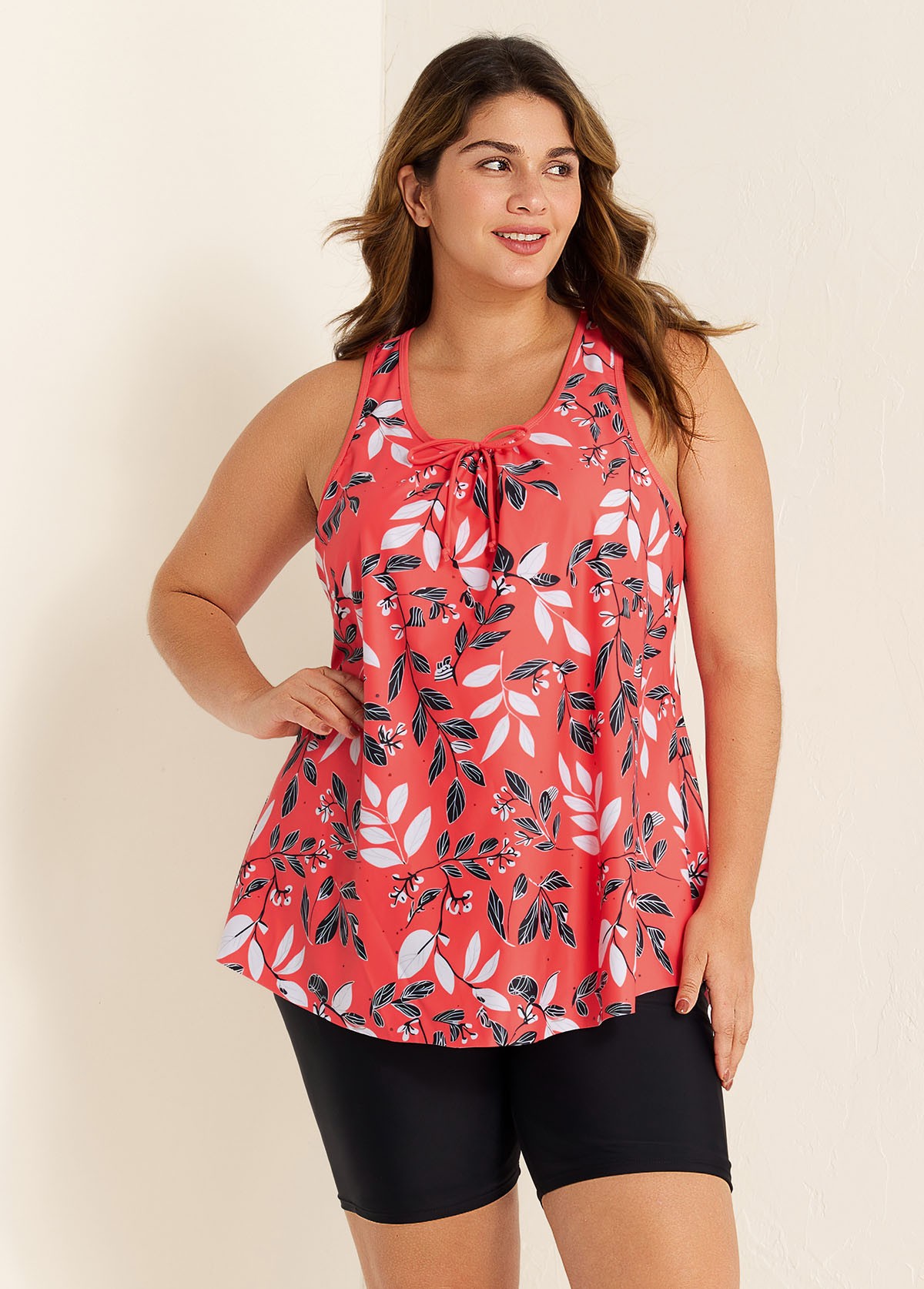 Red Tropical Leaf Print Loose Fit Plus Size Women Tankini Top