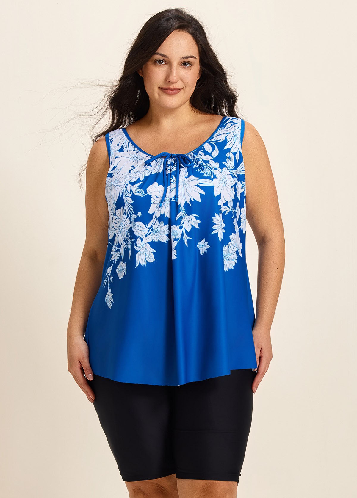 Blue Floral Modest Padded Wide Strap Loose Fit Curvy Women's Swimsuit Long Tankini Top