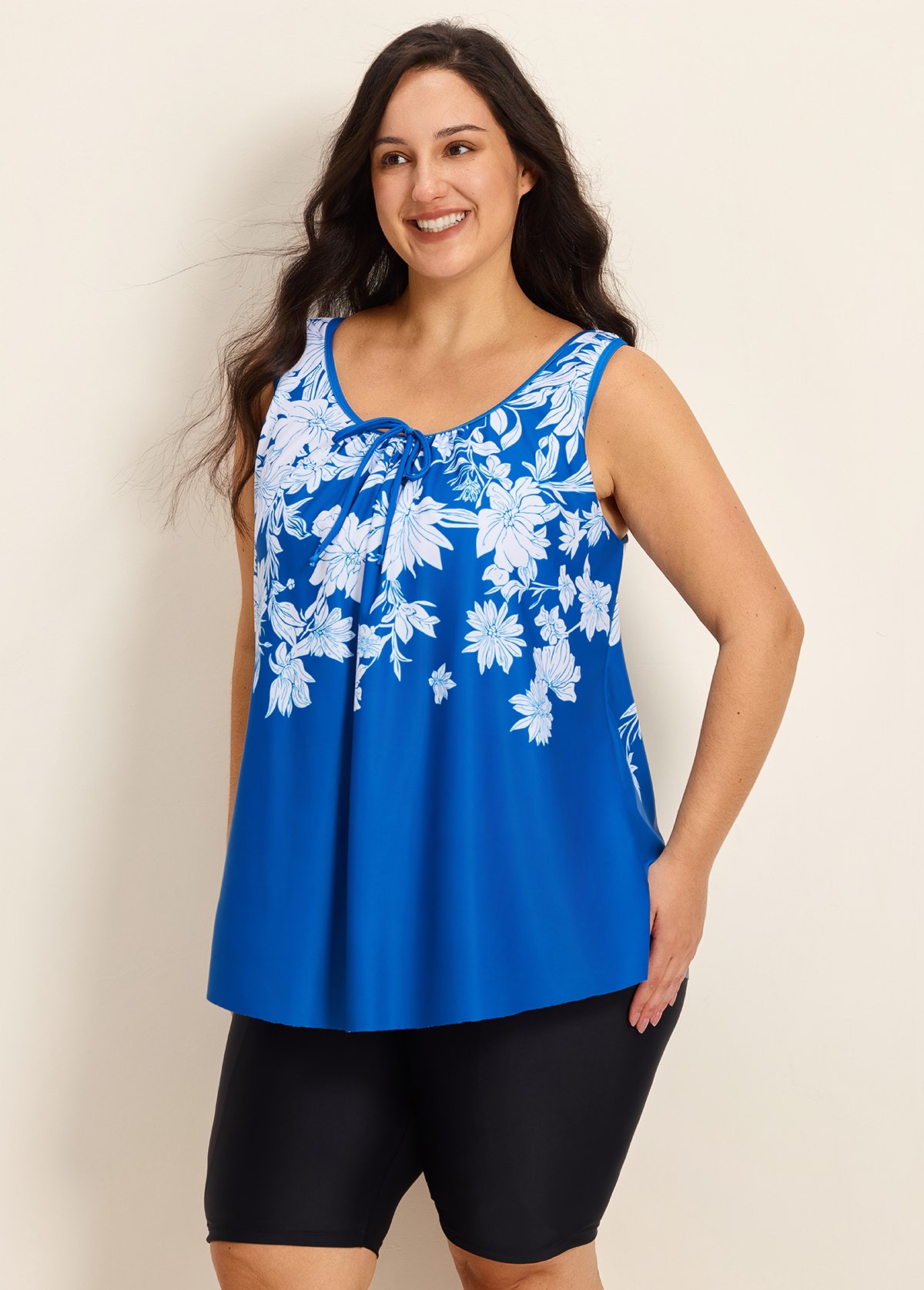 Blue Floral Modest Padded Wide Strap Loose Fit Curvy Women's Swimsuit Long Tankini Top