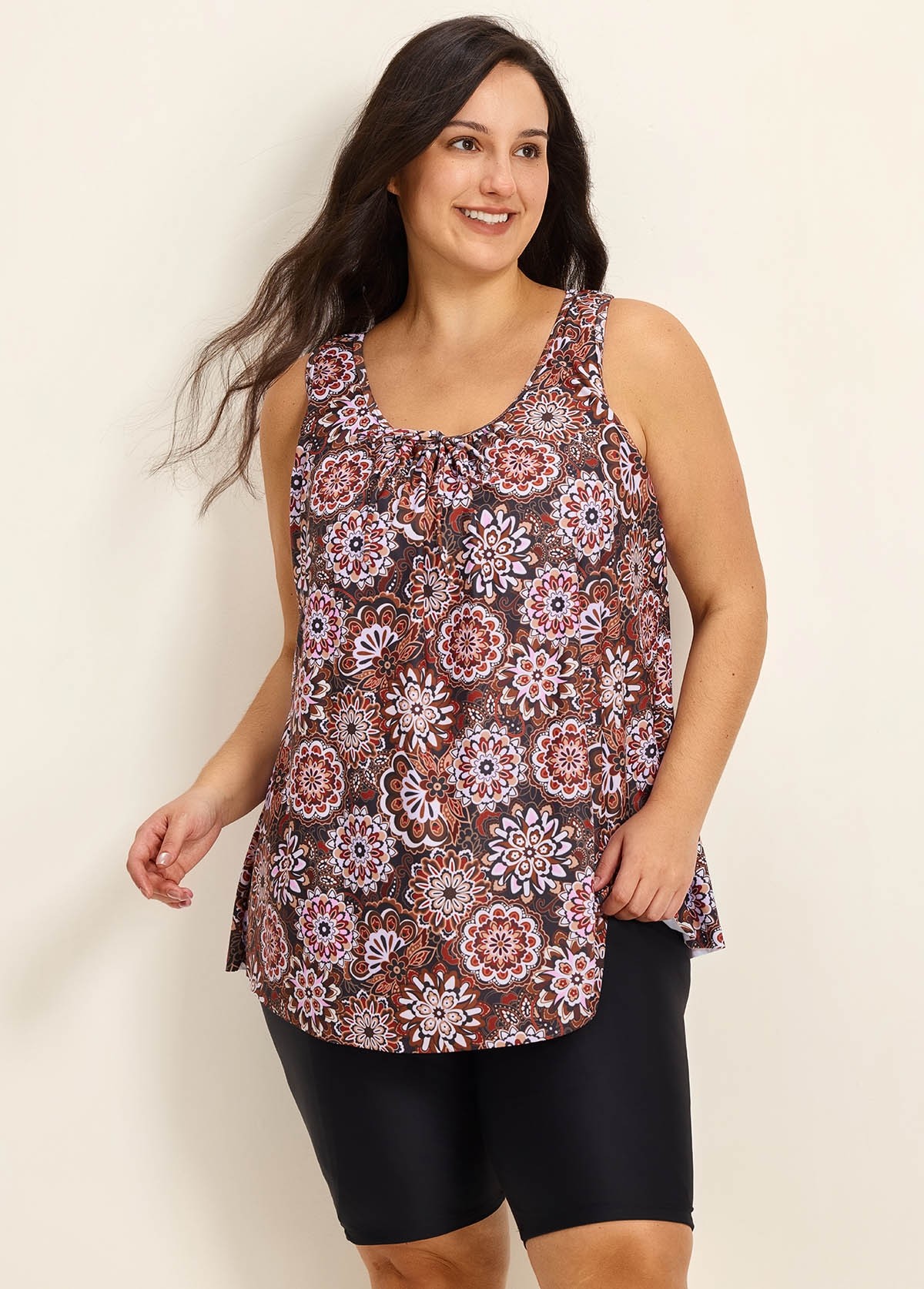 Brown Ethnic Print Vintage Wide Strap Loose Fit Plus Size Women's Swimsuit Long Tankini Top
