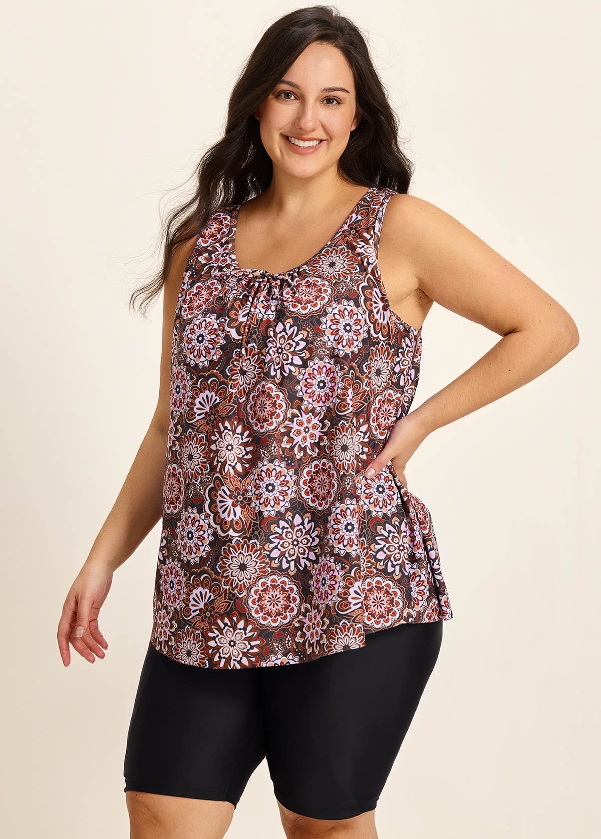 Brown Ethnic Print Vintage Wide Strap Loose Fit Plus Size Women's Swimsuit Long Tankini Top