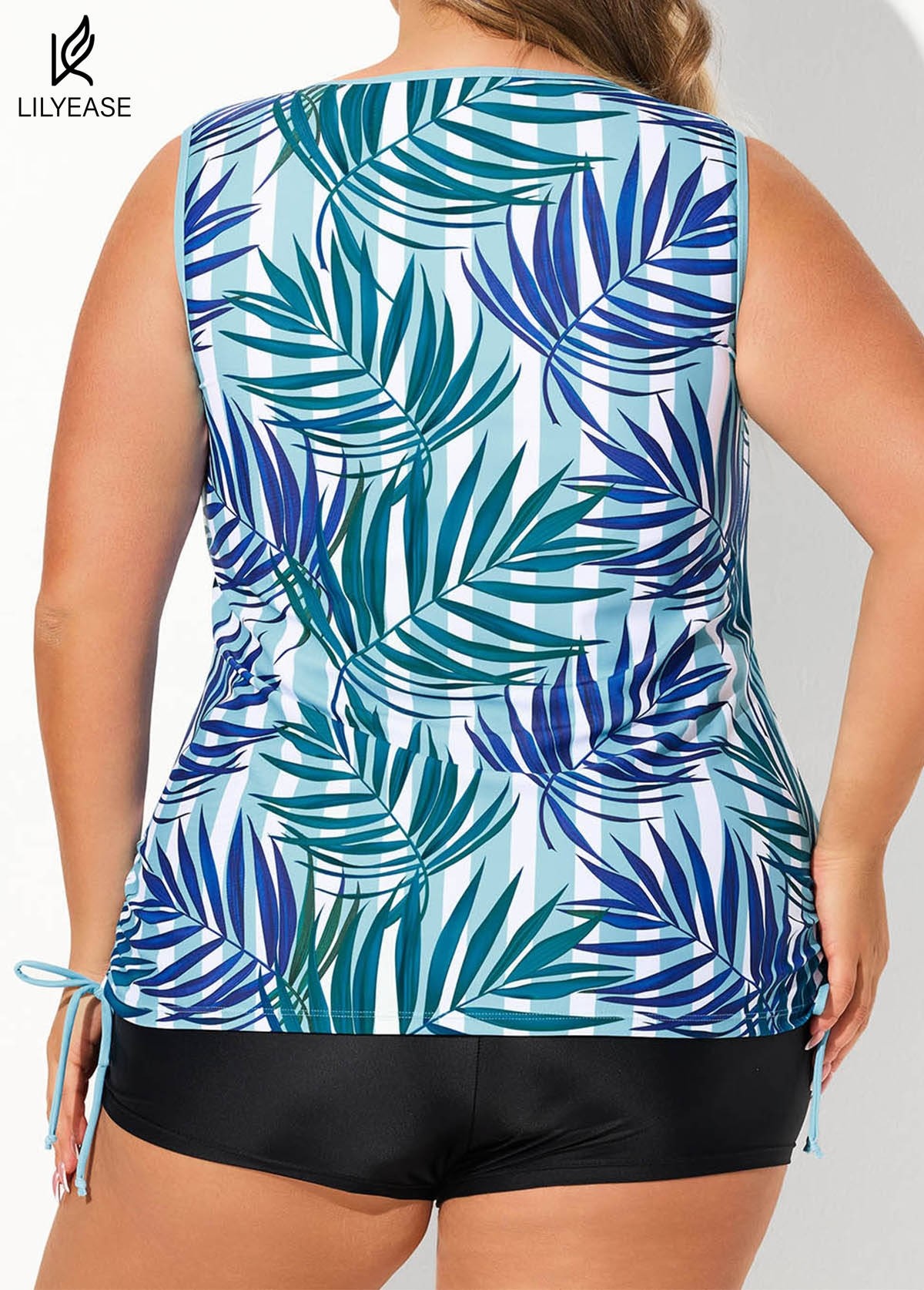 Drawstring Plants Print Fashionable Crochet Fresh Blue Tankini Top