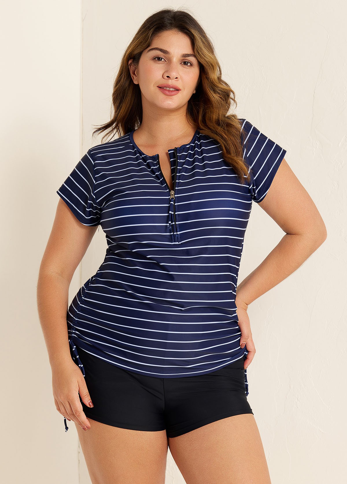 Plus Size Zip Front Striped Short Sleeves Rash Guard Tankini Top