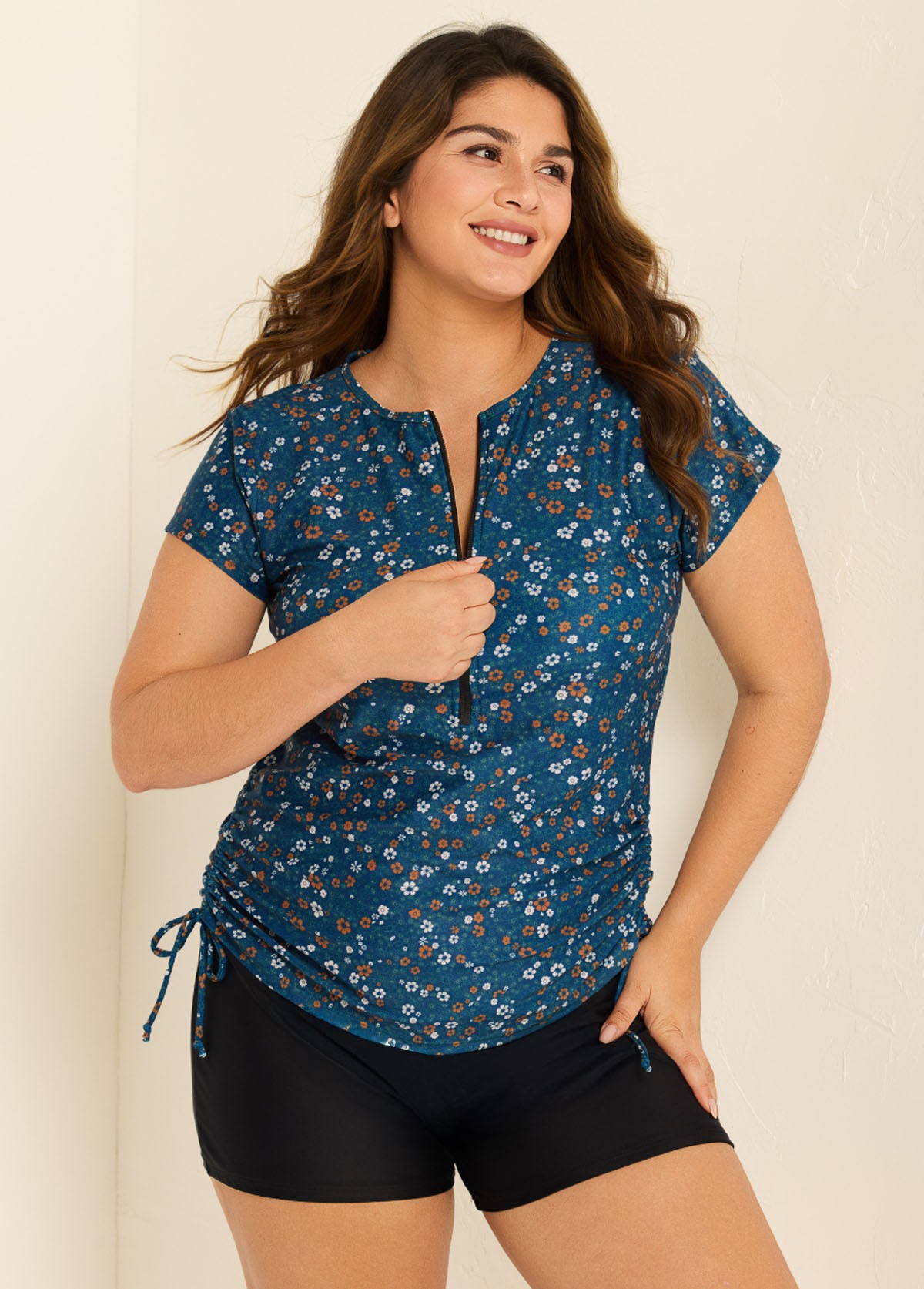 Plus Size Green Floral Short Sleeve Swimwear Bathing Suits Tankini Top