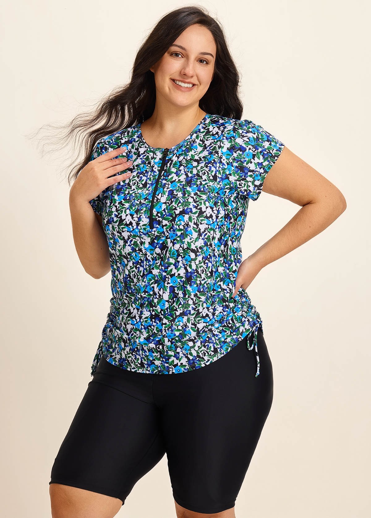 Curvy Blue Floral High Neck Upf50+ Short Sleeves Zipper Drawstring Swim Shirt Tankini Top