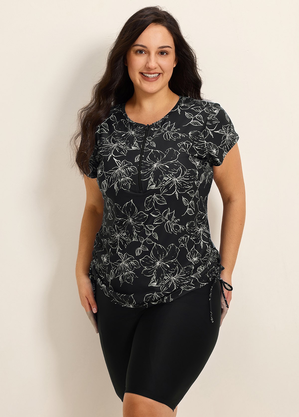 Black Floral Upf50+ Short Sleeves Zipper Drawstring Curvy Swimsuit Rash Guards Tankini Top