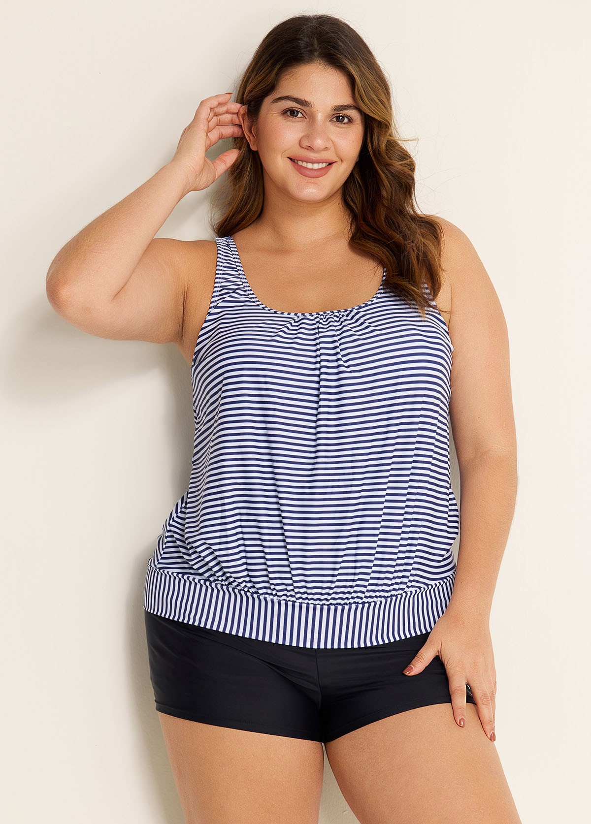Plus Size Scoop Neck Striped Loose Modest Tankini Top