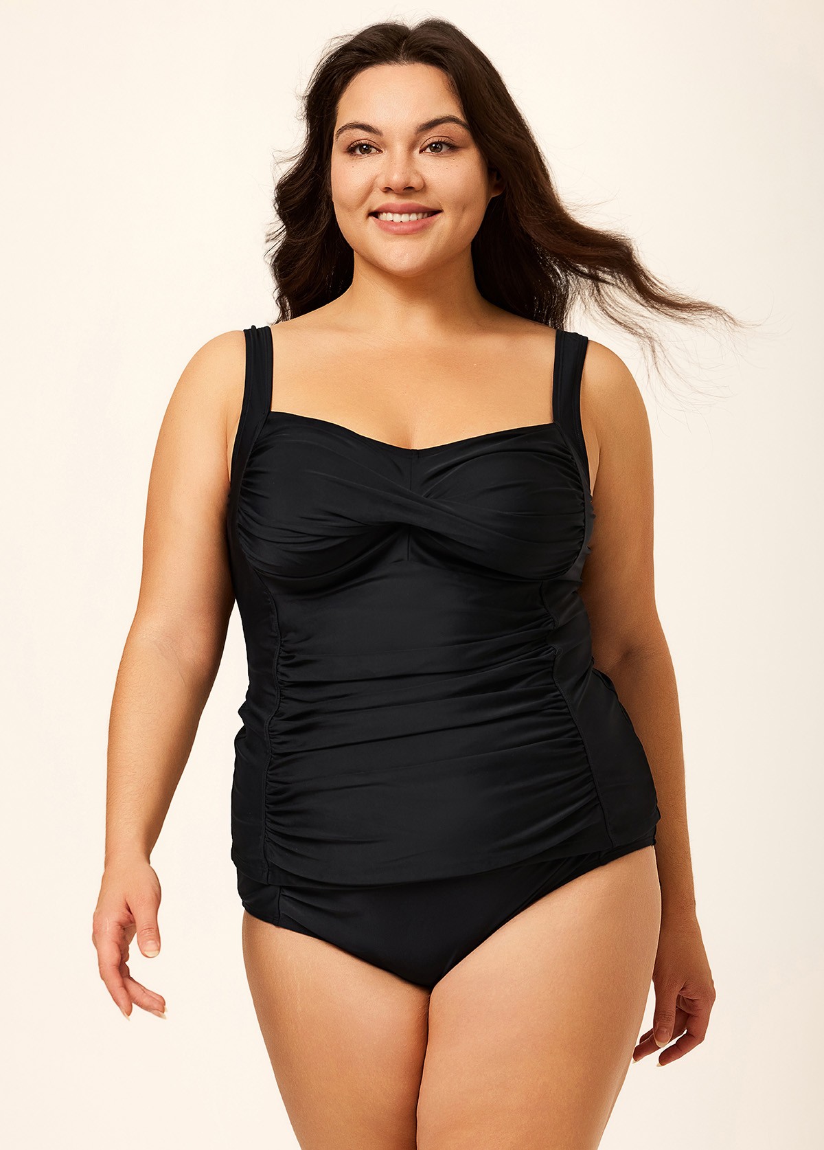 Stylish Black Twisted Front Ruched Tummy Control Tankini Top