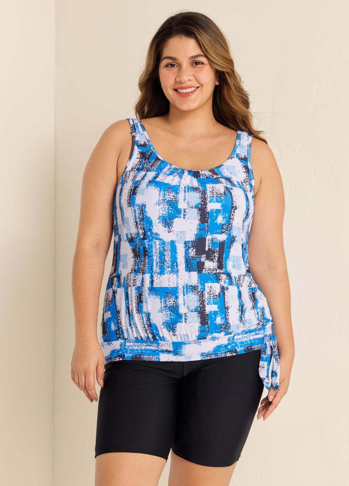 Blue Tie-Dye Irregular Pattern Blouson Tankini Top with Side Tie