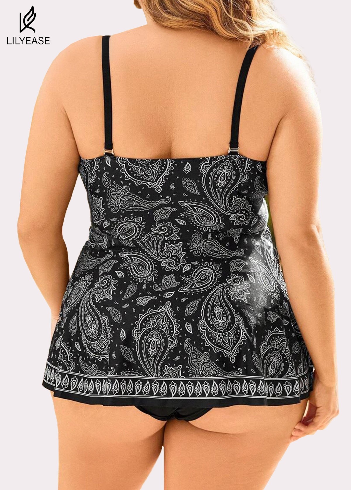 Plus Size Stylish Black Print Women Tankini Set