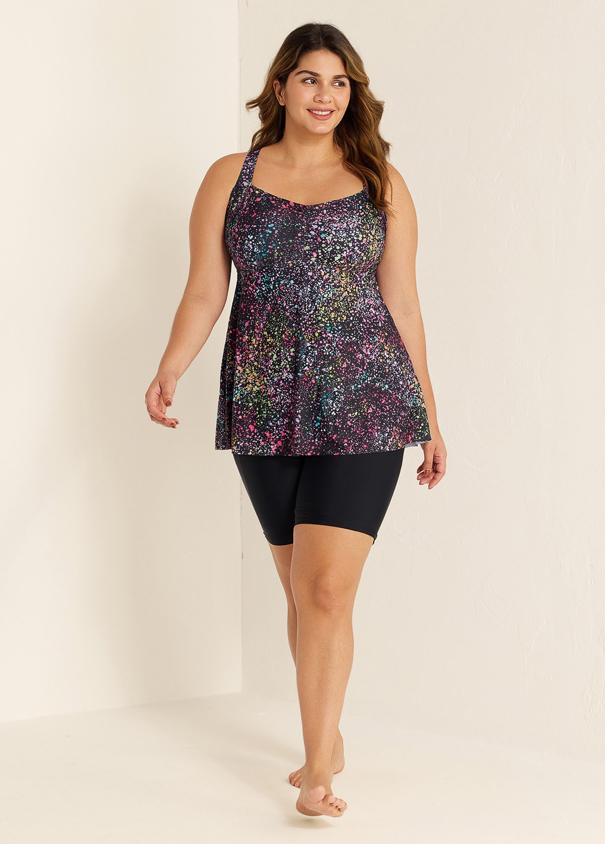 Fashionable Colorful Dot Square Neck Flowy Women Tankini Top