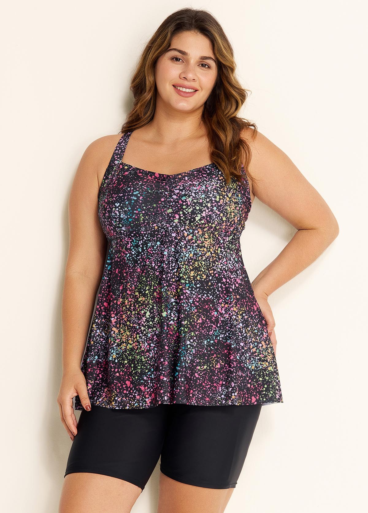 Fashionable Colorful Dot Square Neck Flowy Women Tankini Top