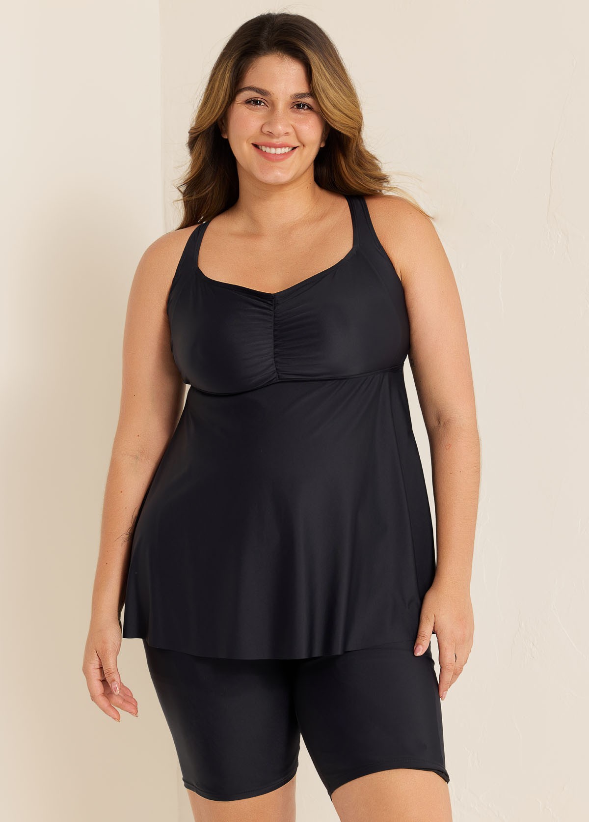 Fashionable Black Square Neck Flowy Plus Size Modest Women's Tankini Swimsuit Top