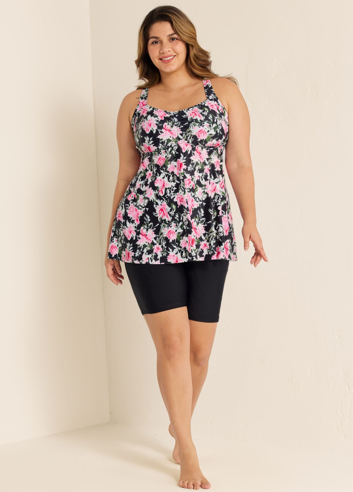 Black Floral Print Square Neck Flowy Modest Plus Size Tankini Swimsuit Top