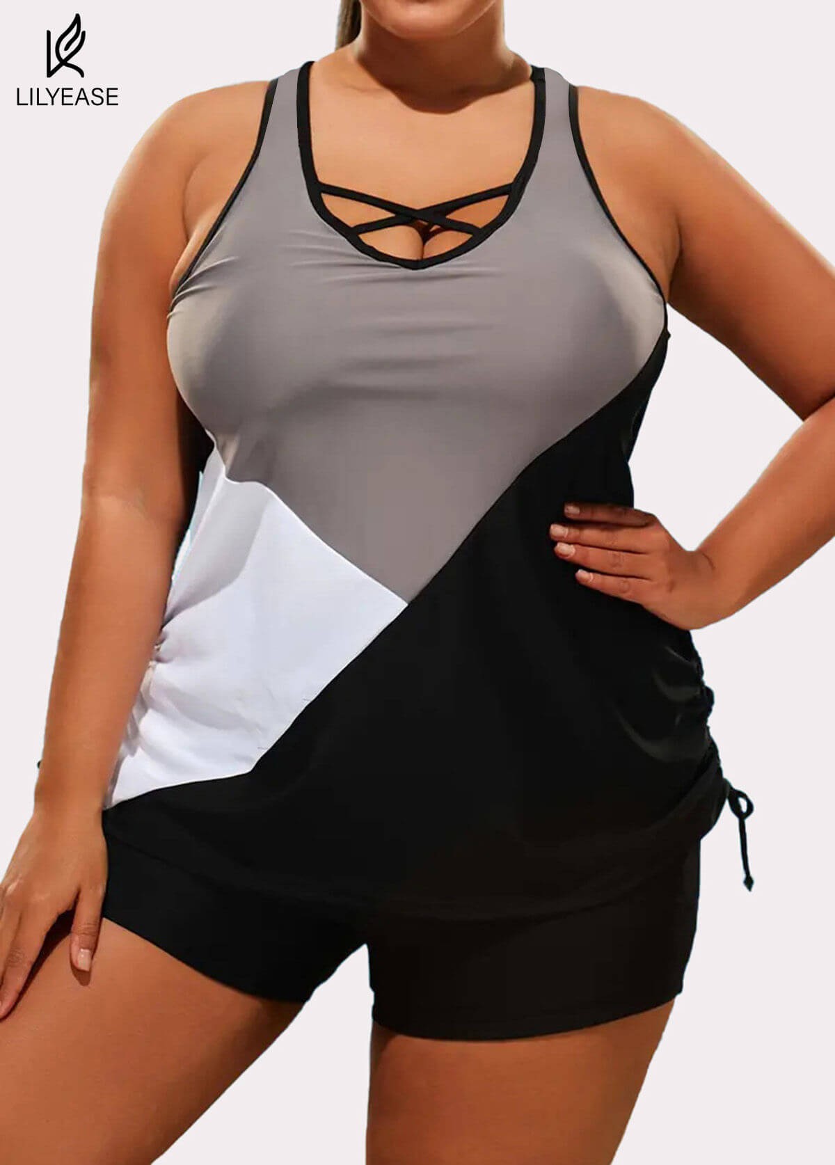 Lace Patchwork Drawstring Black Modest Tankini Top