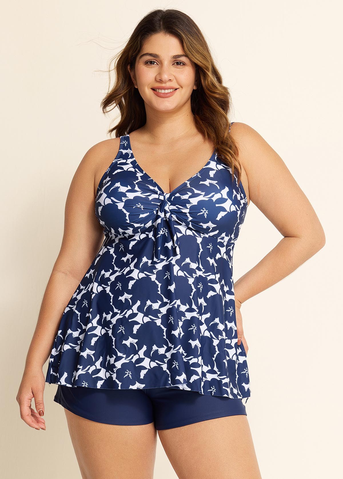 Plus Size Floral Print V Neck Stretchy Women Tankini Set