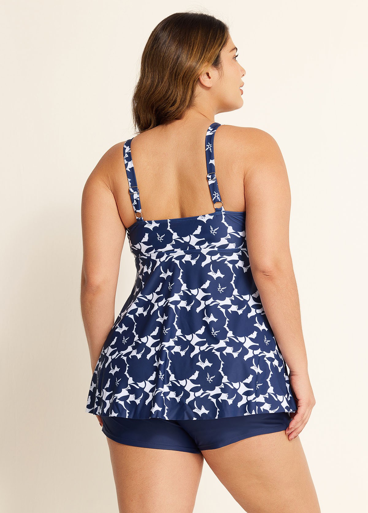 Plus Size Floral Print V Neck Stretchy Women Tankini Set