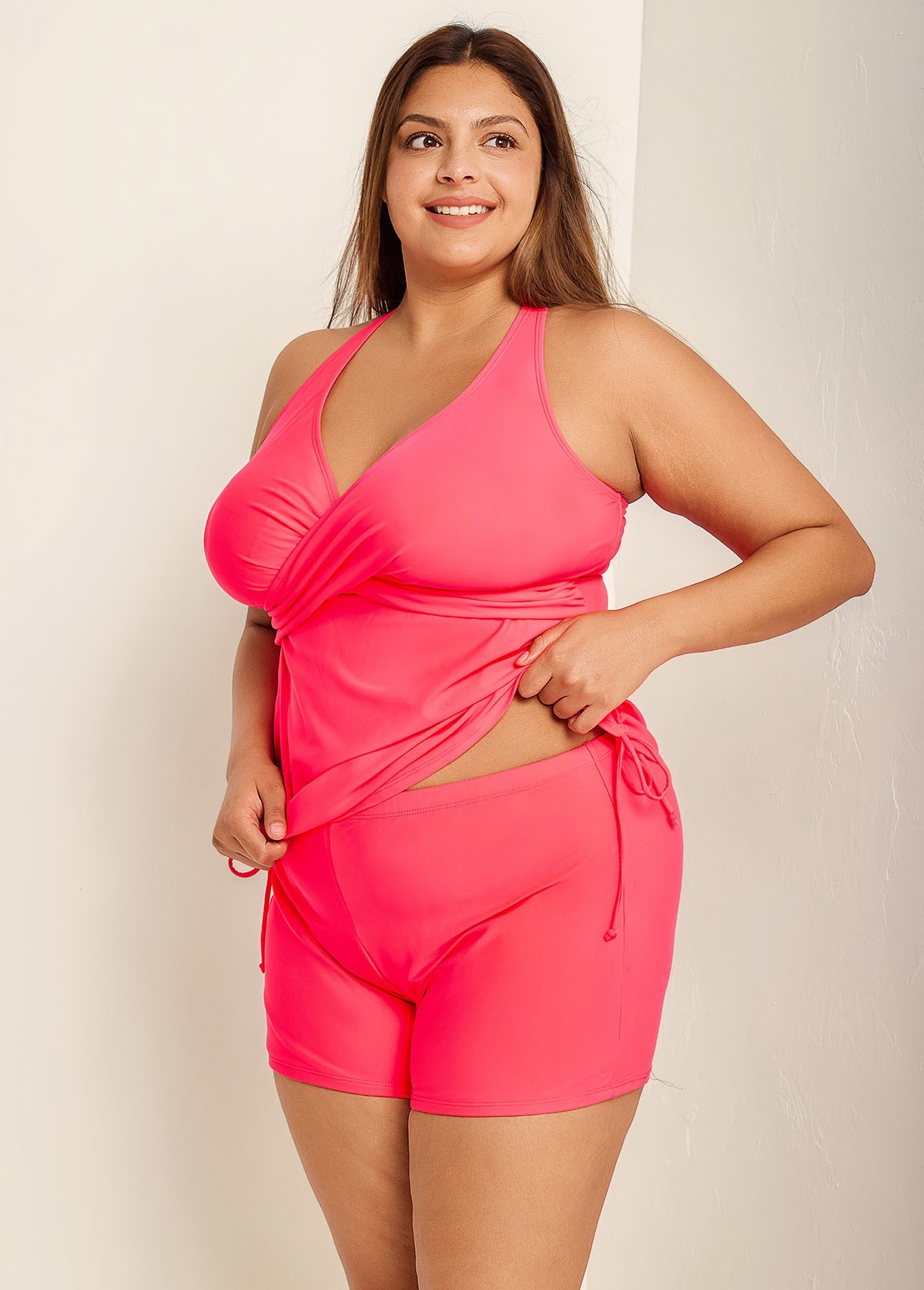 Drawstring Stylish Pink Twisted Front Women Tankini Set
