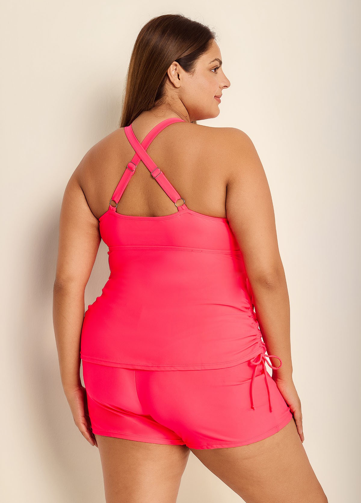 Drawstring Stylish Pink Twisted Front Women Tankini Set