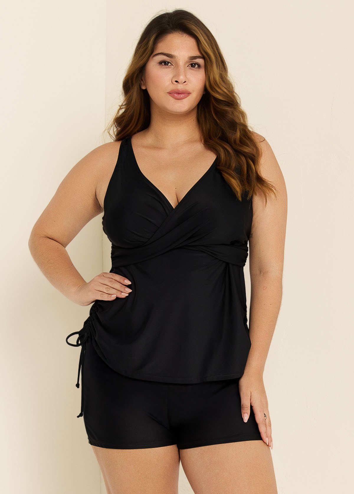 Drawstring Stylish Black Twisted Front Women Tankini Set