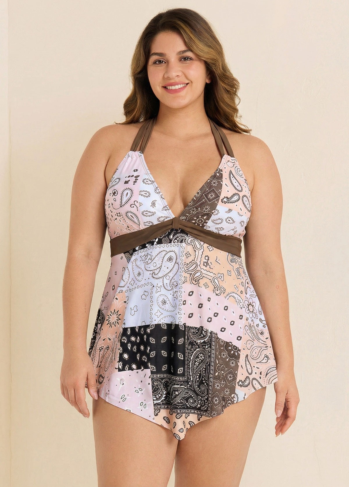 Paisley Print Halter V Neck Flowy Women Tankini Top