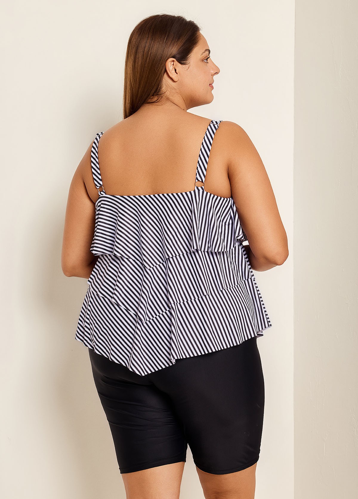 Striped Layered Pullover Style Casual Tankini Top