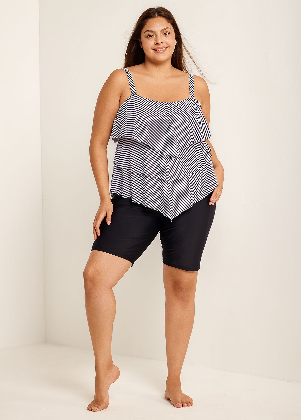 Striped Layered Pullover Style Casual Tankini Top