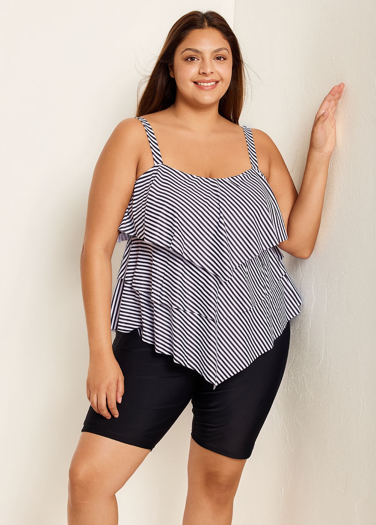 Striped Layered Pullover Style Casual Tankini Top
