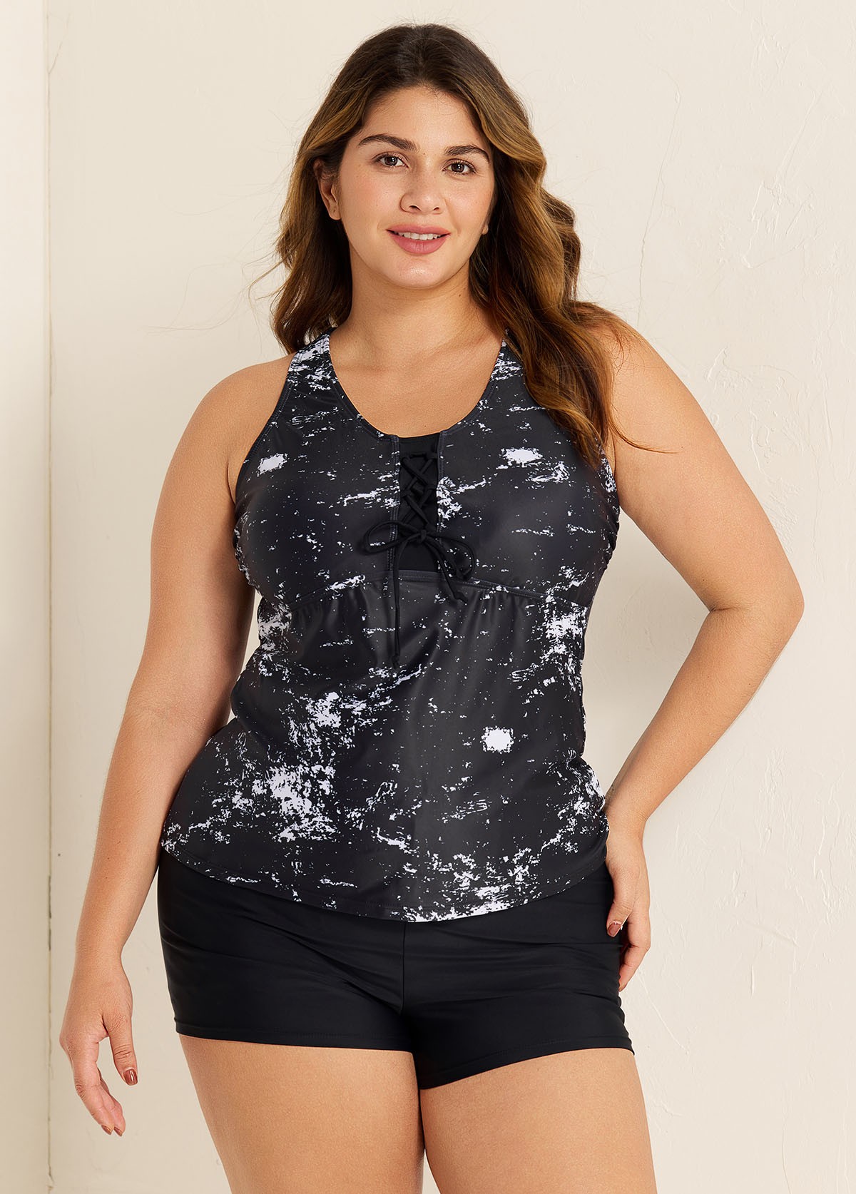 Plus Size Tie Dye Black Racerback Modest Rash Guard Tankini Top