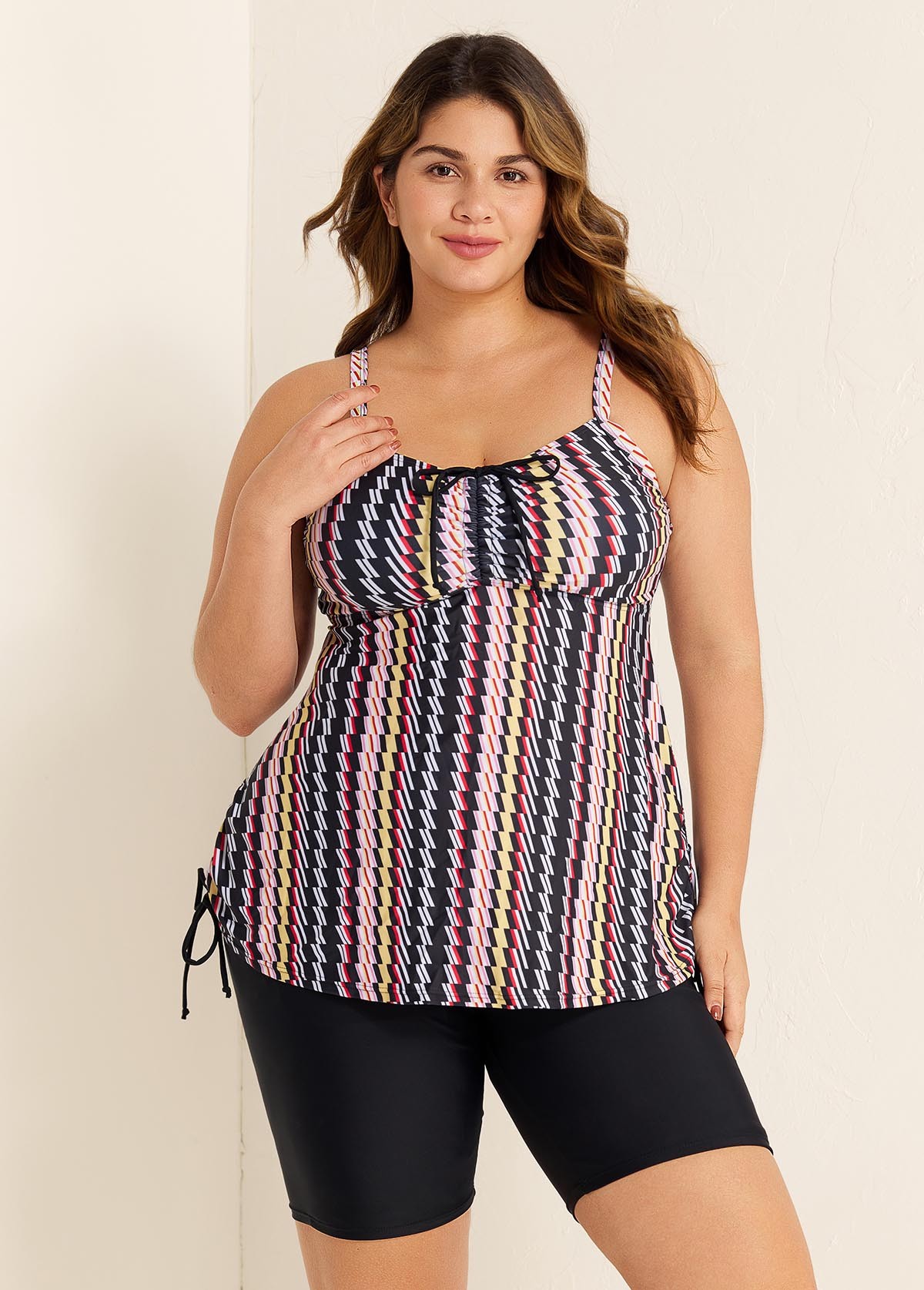 Plus Size Vintage Geometric Print Drawstring Tankini Top
