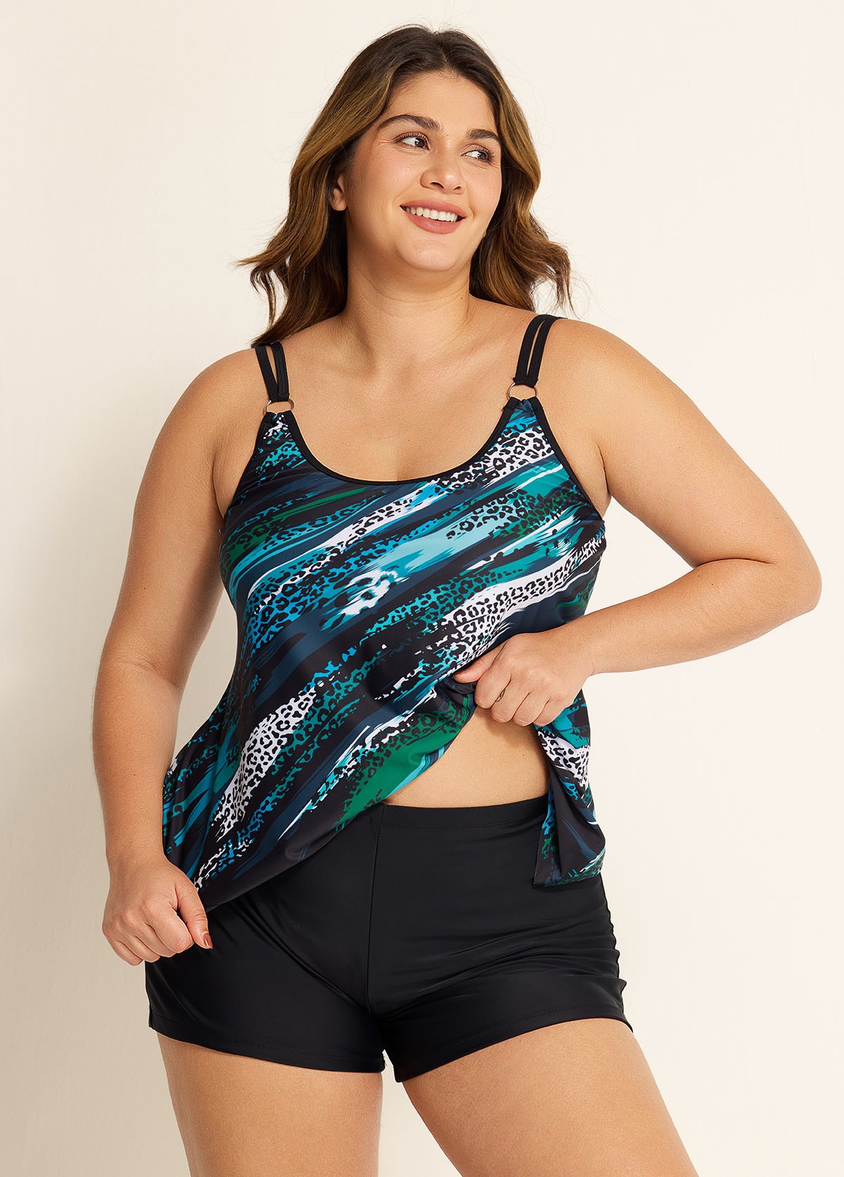 Circular Ring Double Straps Mid Waist Green Casual Tankini Set