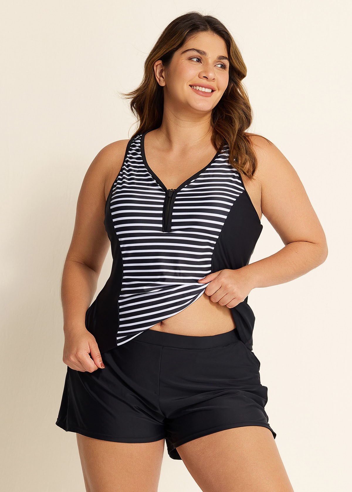 Black Striped Zip-Up Sporty With Pocket Rash Guard Tankini Set
