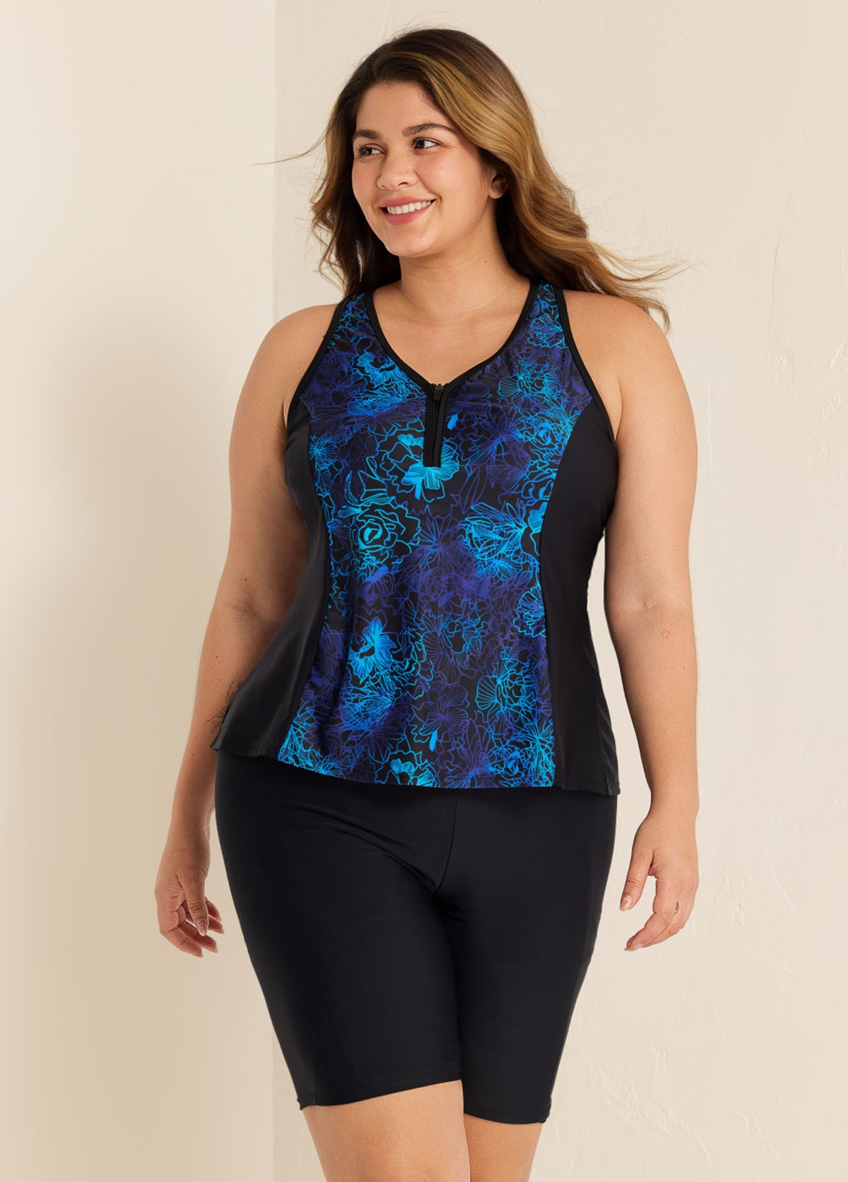 Plus Size Blue Floral Zipper And Color Block Swimsuits Tankini Top