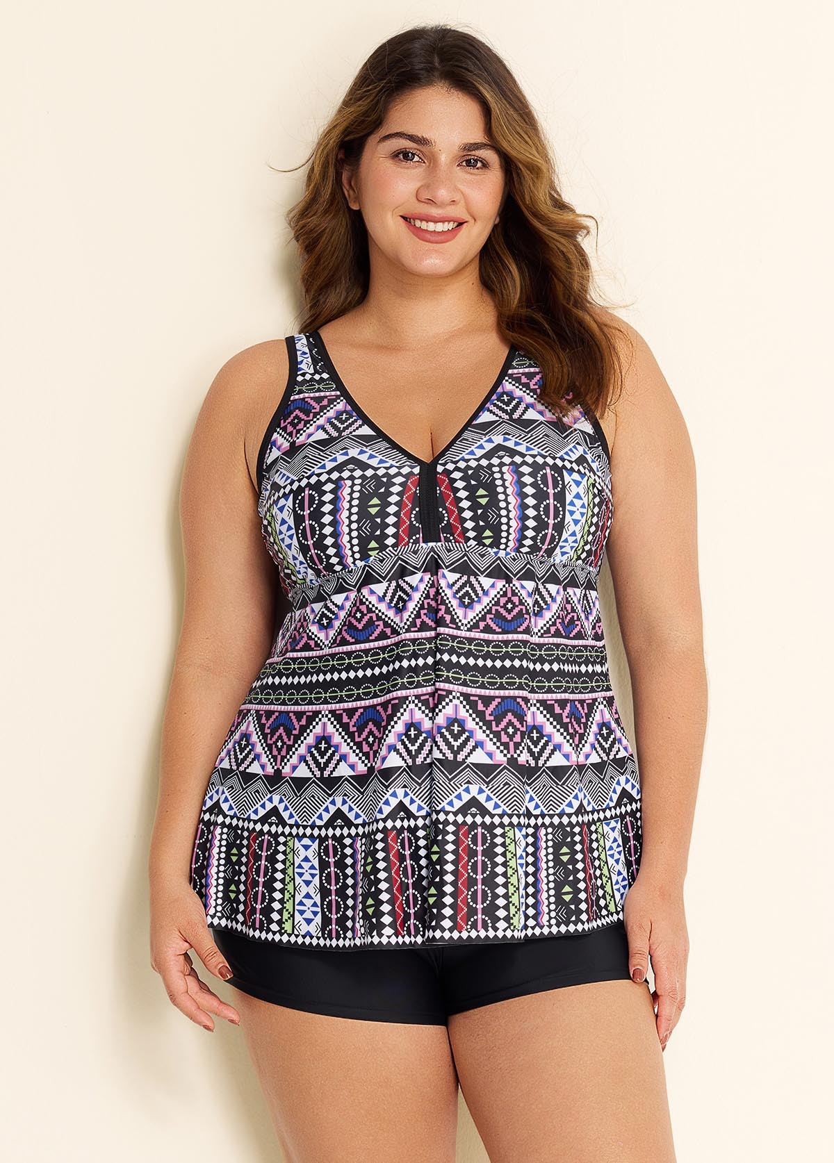 Charming Plus Size Ethnic Print V-neck Tankini Top