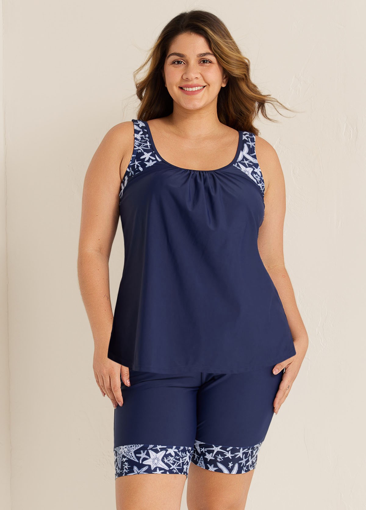 Plus Size Navy Graphic Print Round Neck Tankini Set