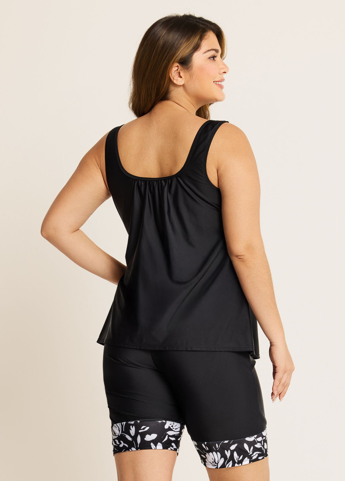 Plus Size Black Floral Print Round Neck Modest Tankini Set