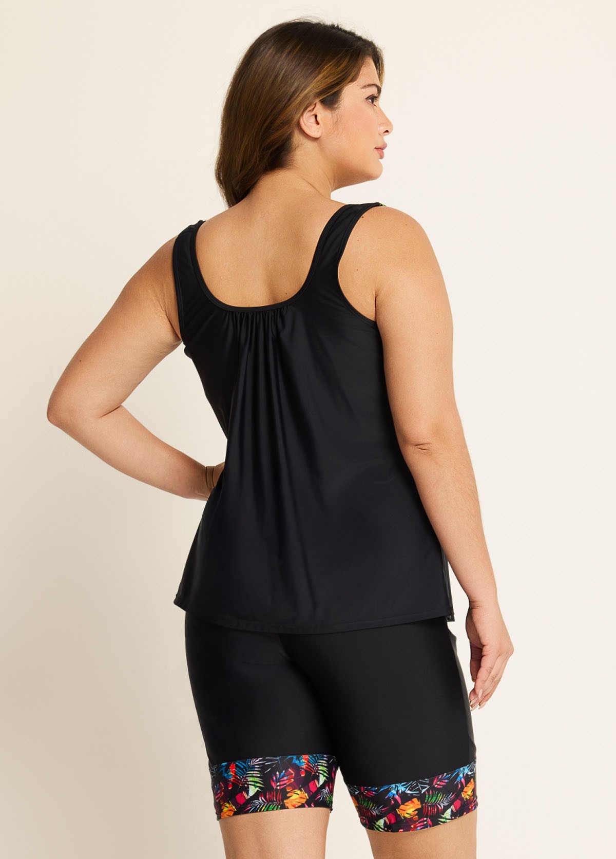 Black Plants Print Round Neck Plus Size Modest Tankini Set