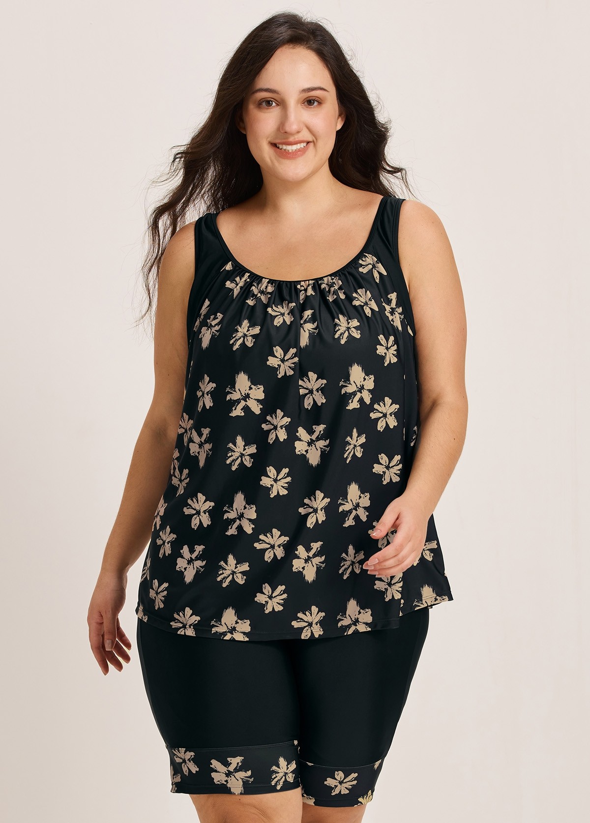 Plus Size Yellow Floral Vintage Padded Women's Swimsuit Two Piece Tankini Set