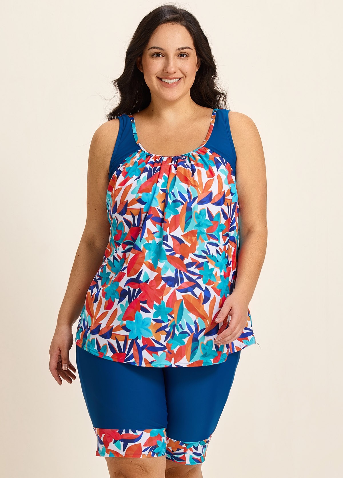 Curvy Colorful Tropical Leaf Flattering Padded Women's Swimsuit Two Piece Tankini Set