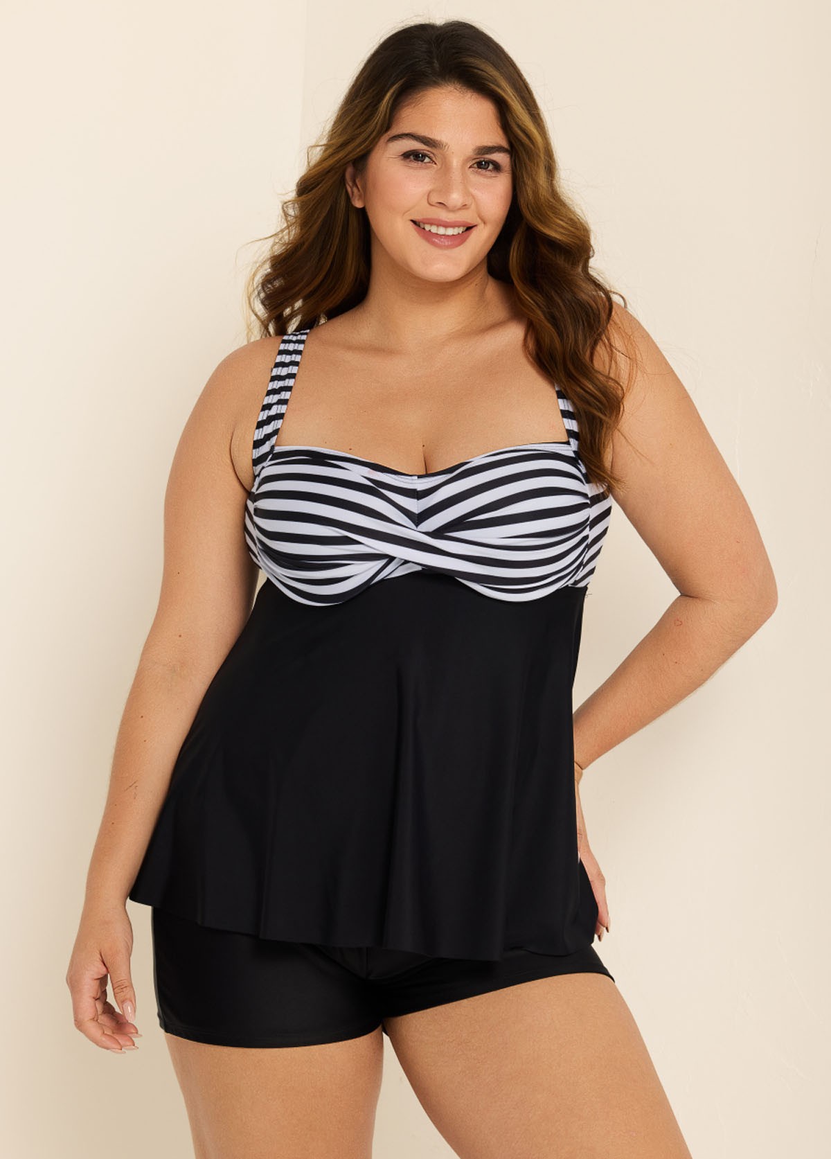Classic Modest Black Stripe Twist Front Tankini Top