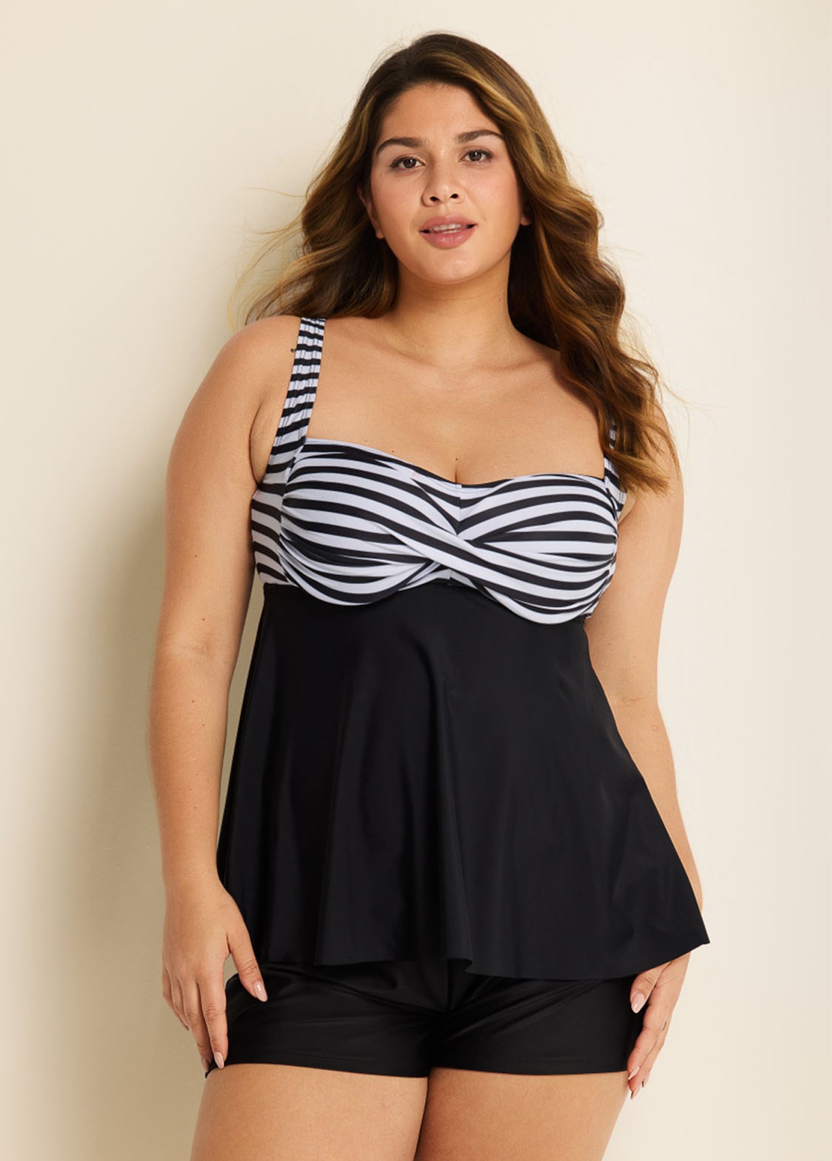 Classic Modest Black Stripe Twist Front Tankini Top