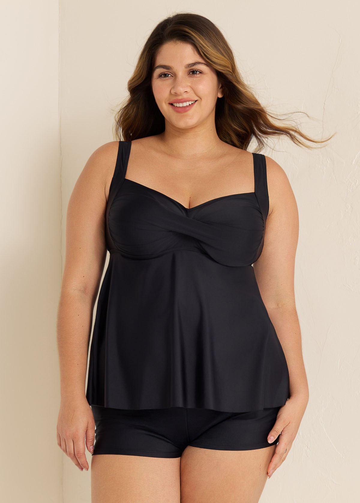 Black Twist Front Plus Size Modest Fashion Tankini Swimsuit Top