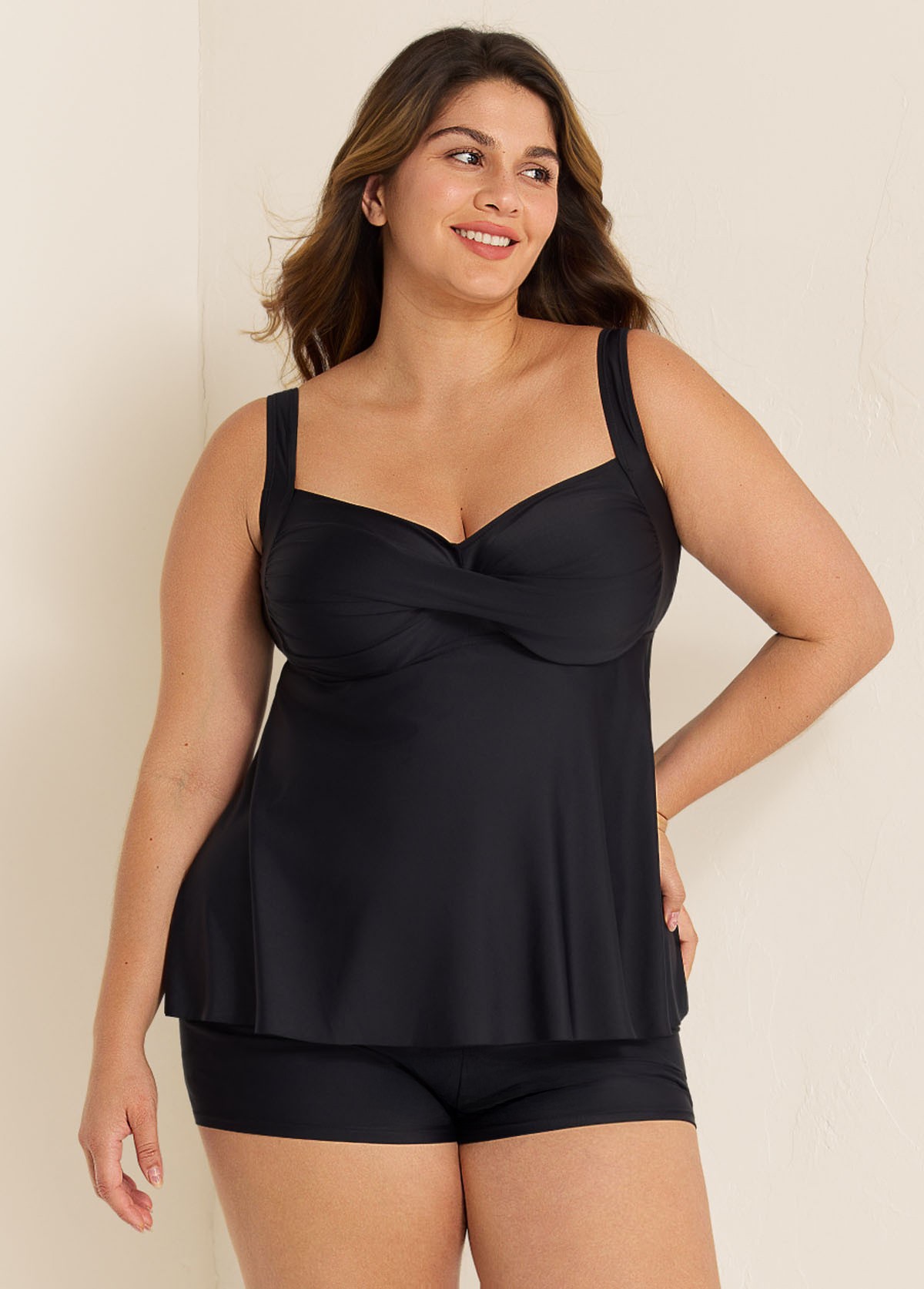 Black Twist Front Plus Size Modest Fashion Tankini Swimsuit Top