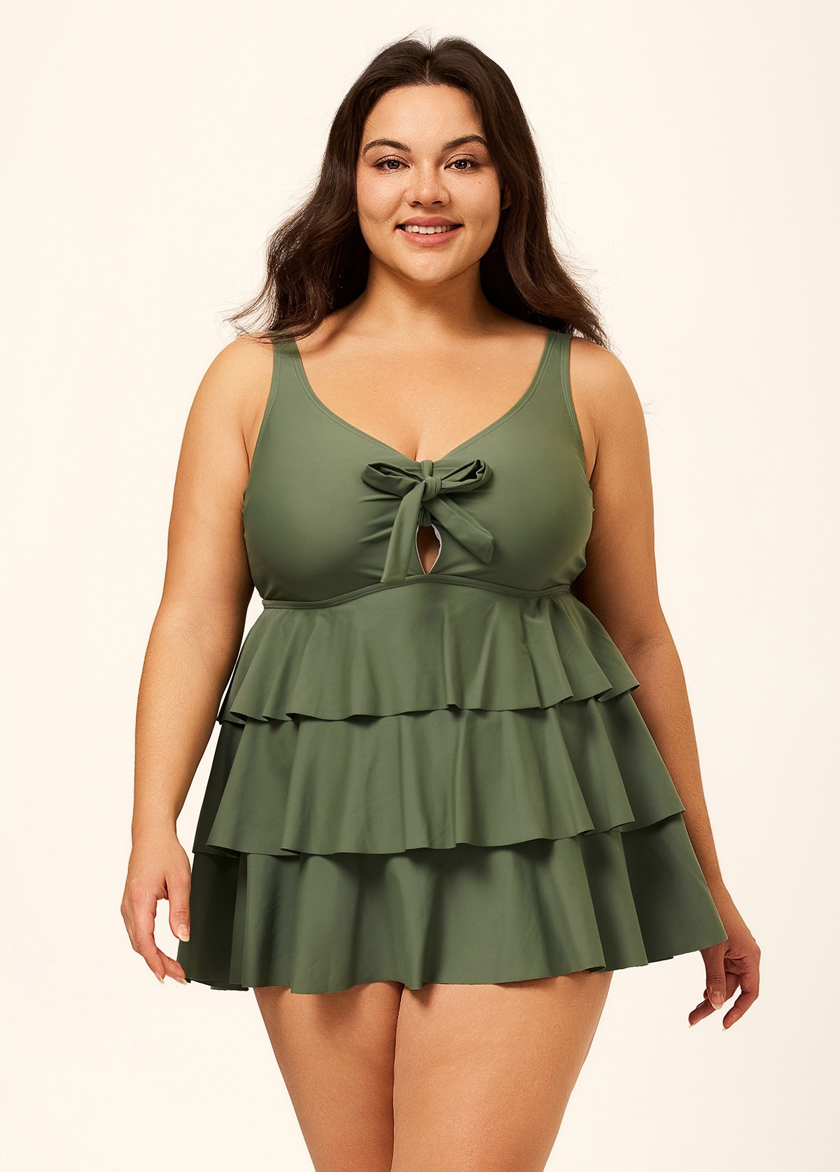 Green Knotted Front Ruffle Tiered Elegant Tankini Top
