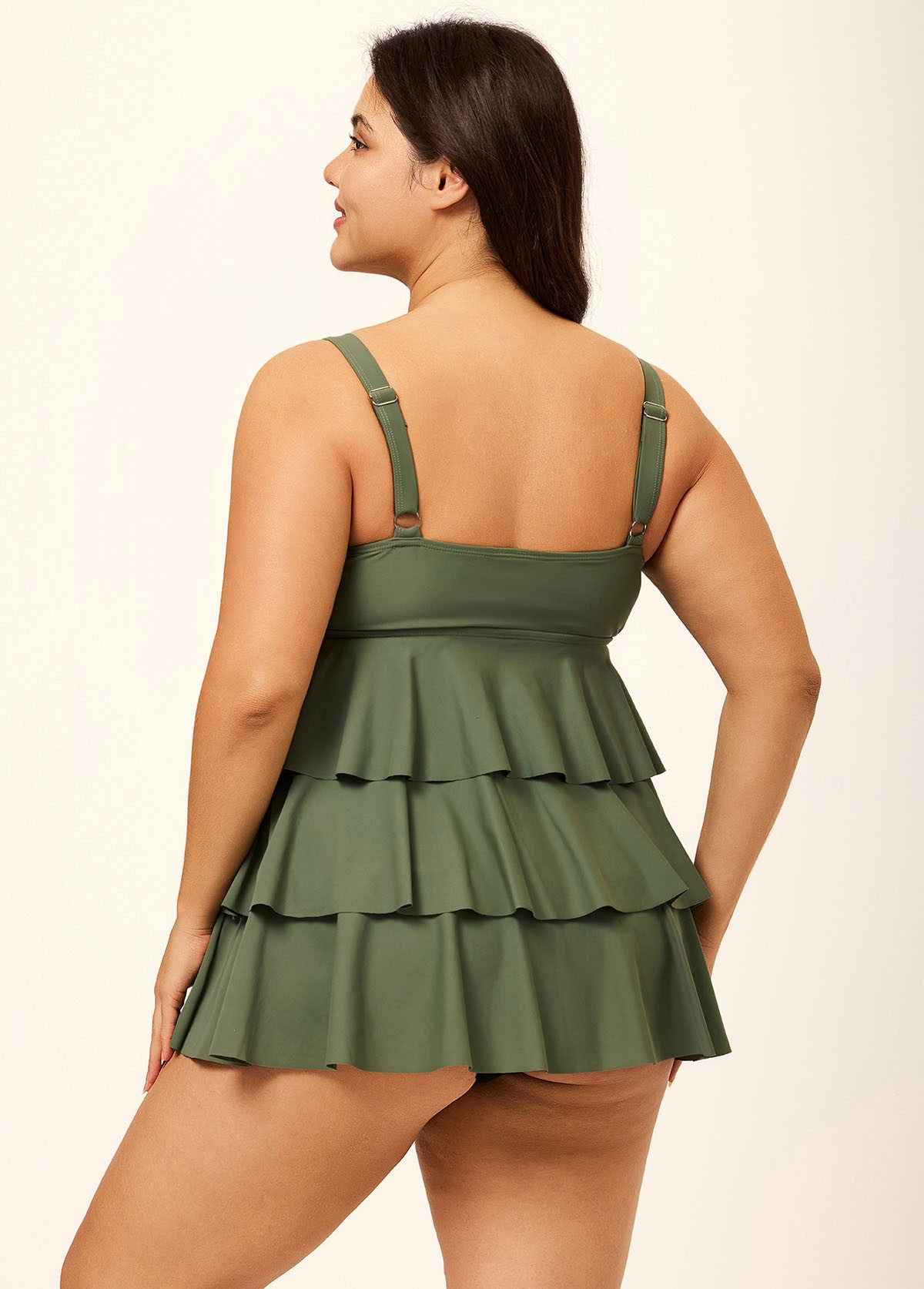 Green Knotted Front Ruffle Tiered Elegant Tankini Top