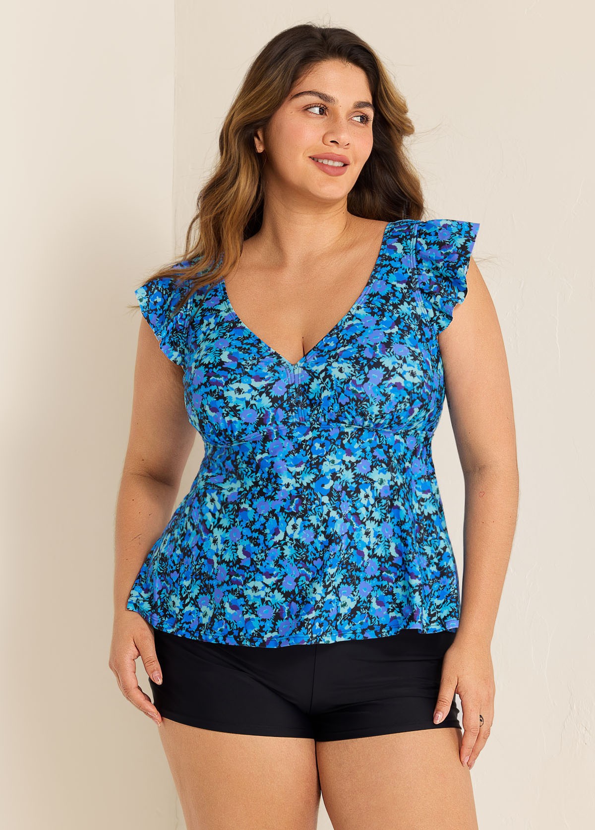 Blue Floral Print V Neck Ruffle Sleeve Plus Size Tankini Top