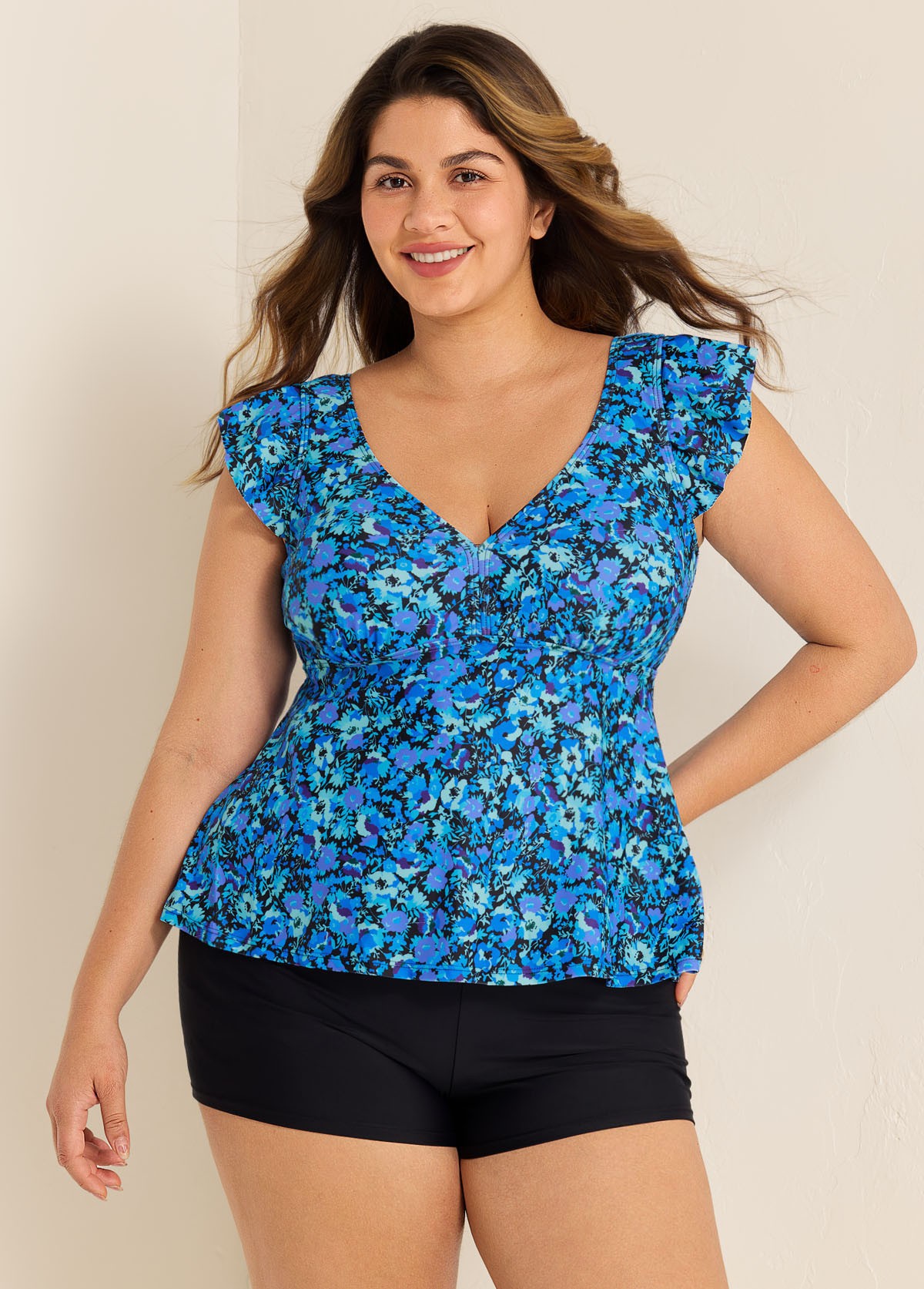 Blue Floral Print V Neck Ruffle Sleeve Plus Size Tankini Top