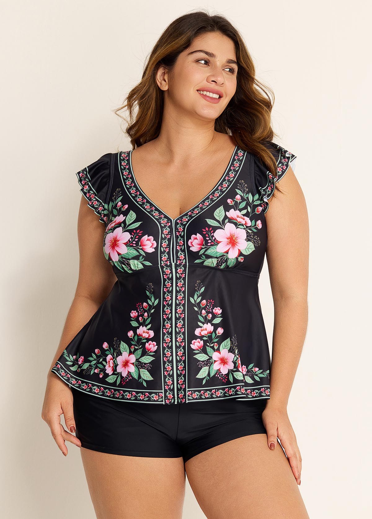 Black Floral V Neck Ruffled Sleeve Curvy Swimsuit Tankini Top