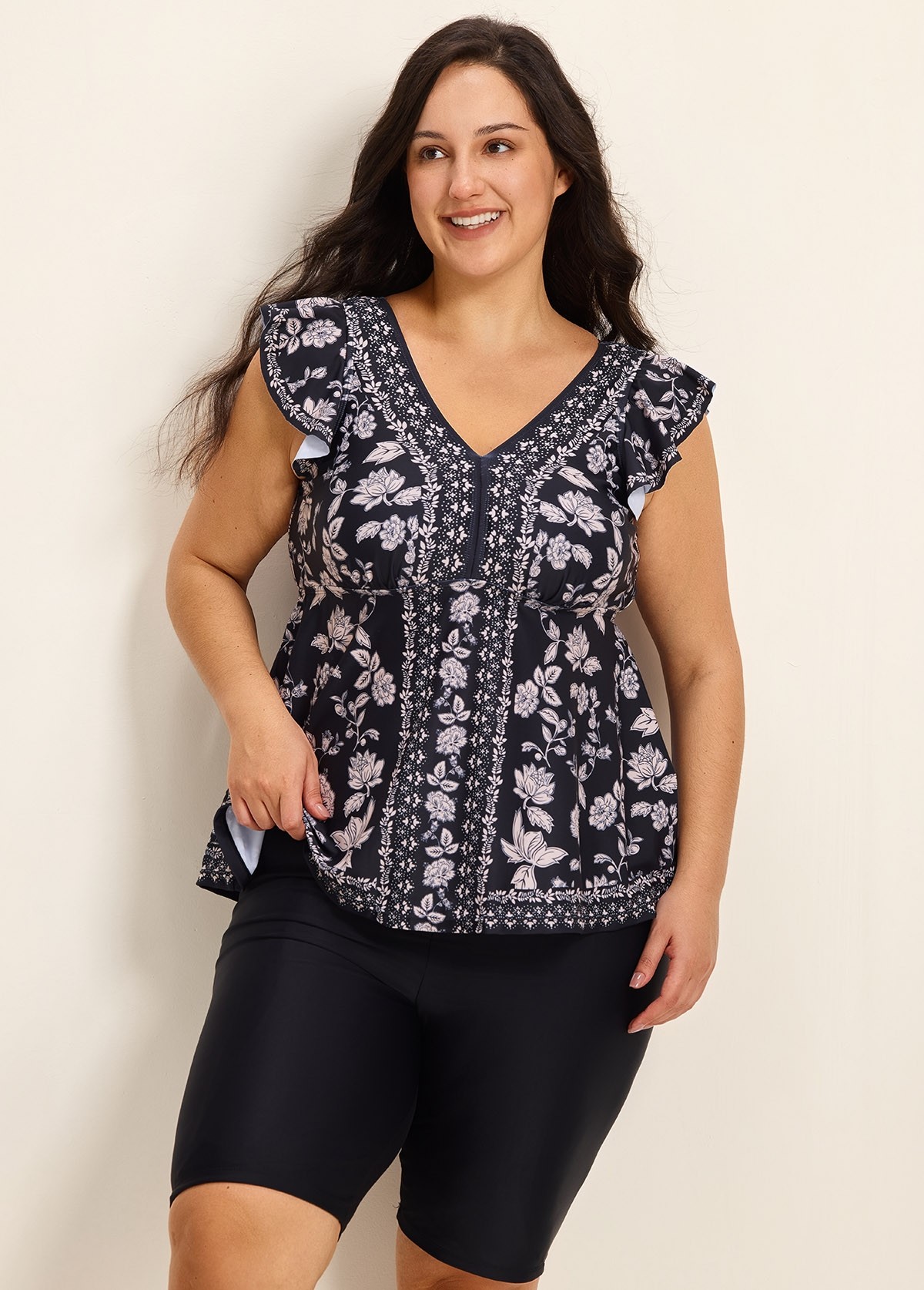 Yellow Floral Print V Neck Cap Sleeves Vintage Ruffle Plus Size Women's Swimsuit Tankini Top