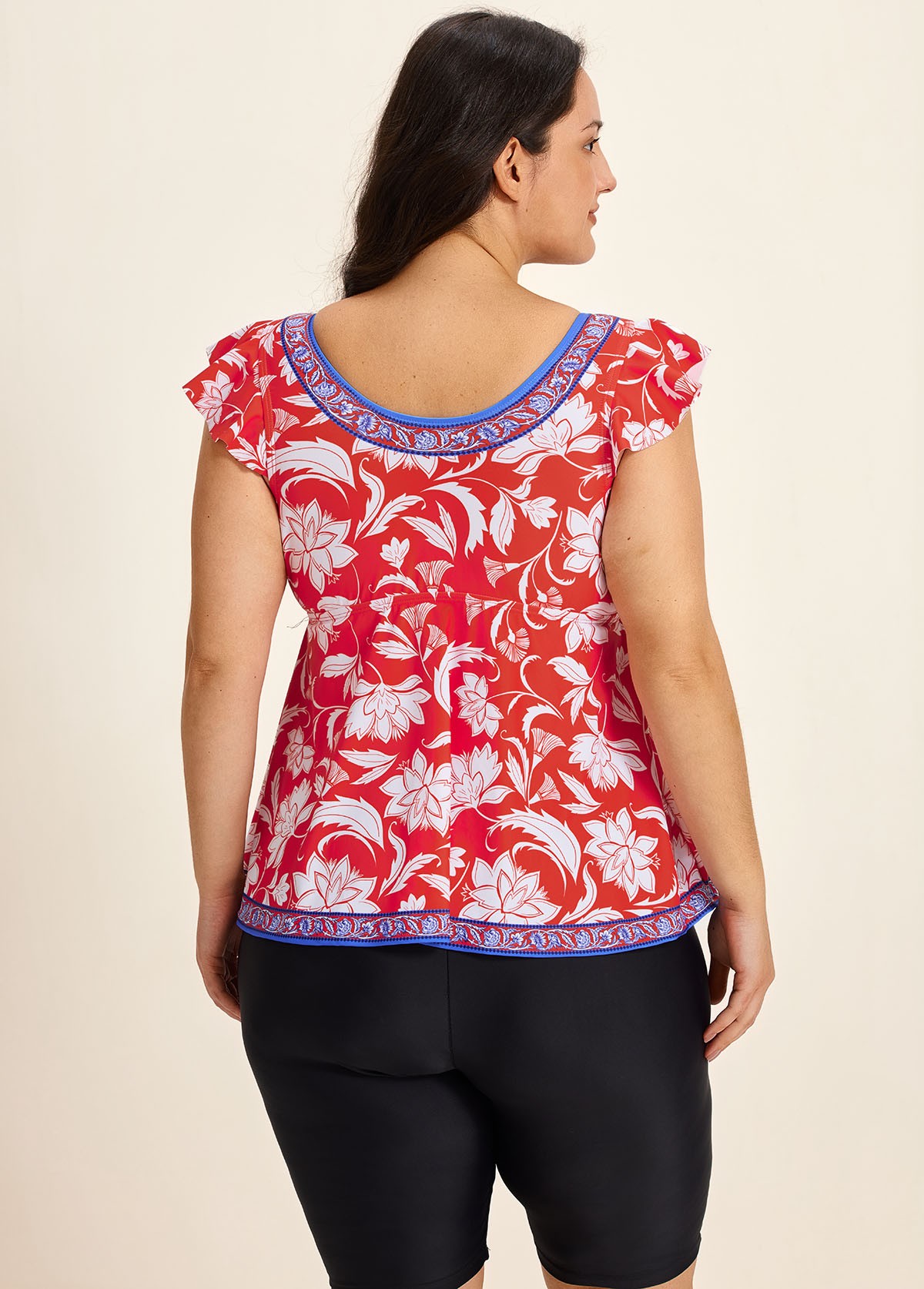 Red Floral V Neck Cap Sleeves Vintage Padded Ruffle Curvy Women's Swimsuit Tankini Top